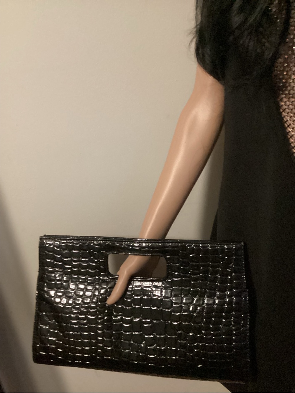 Black Croc-Embossed Patent Wristlet Clutch